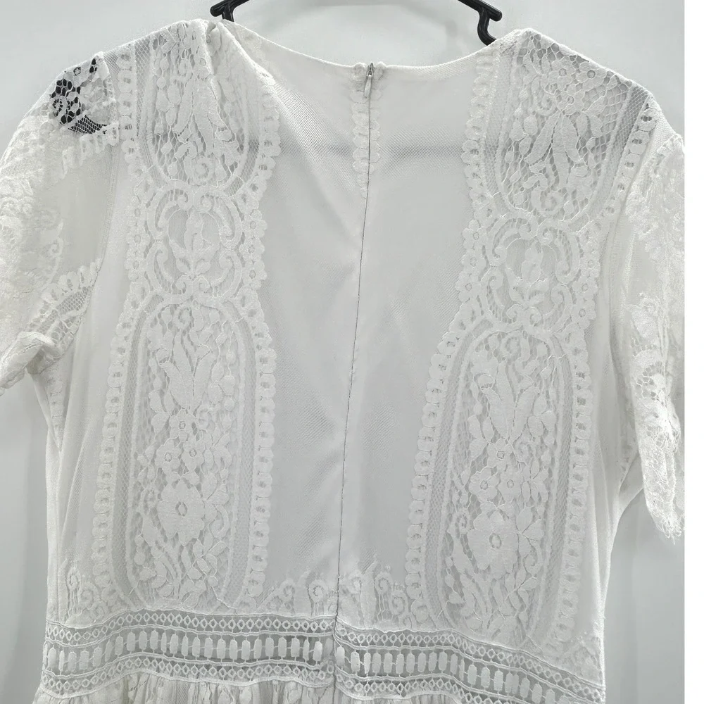White Lace Boho Maxi Dress Cottagecore Romantic Bridal Style Long Dress Medium - Picture 5 of 9